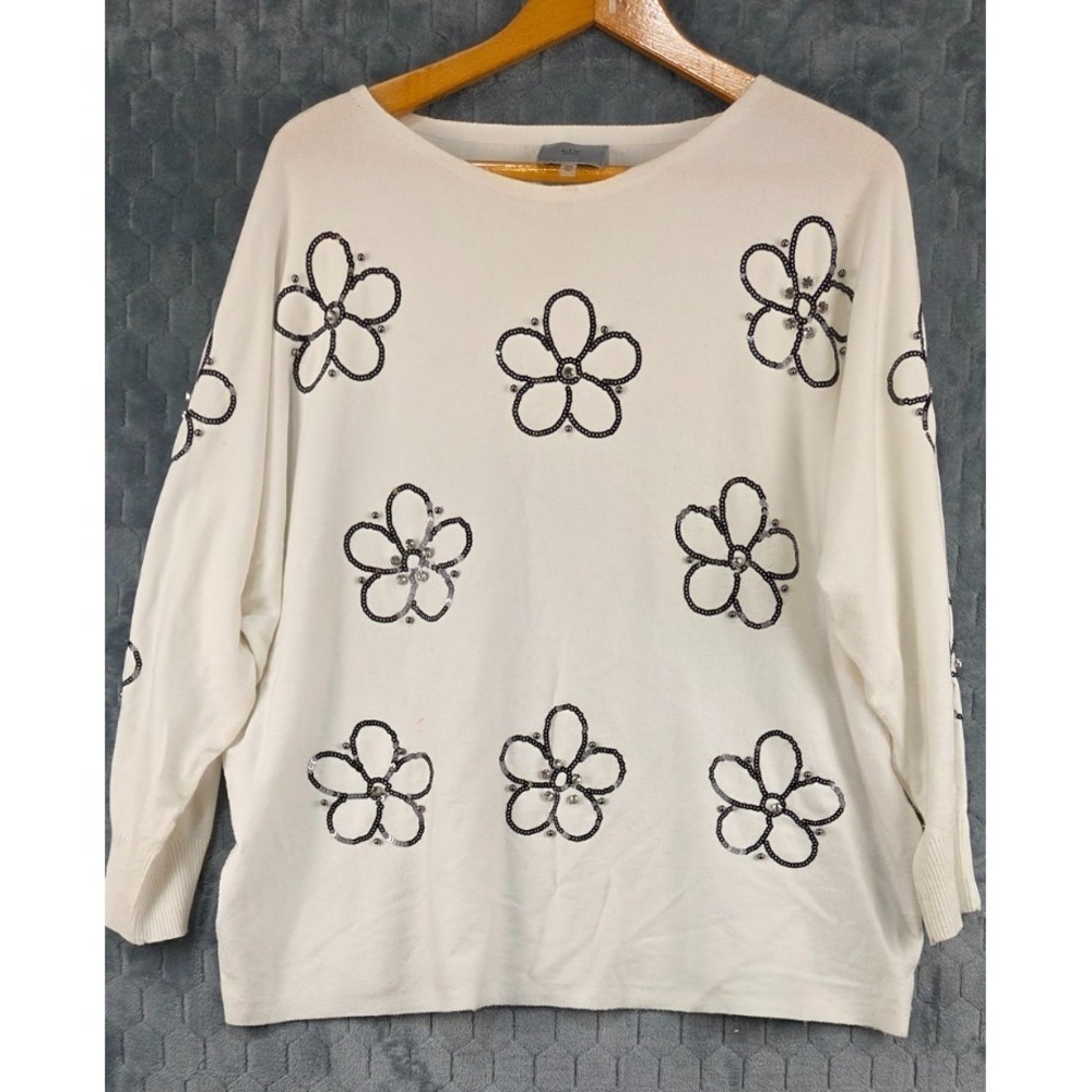 LIV Milano Cream Sweater Black Sequin Flowers Sz 2XL‎ Rhinestone Holiday Whimsy